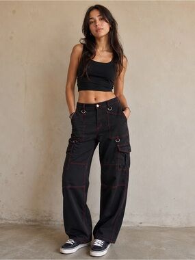 Hot Topic Aphrodite Black Wide Leg Cargo Pants with Red Contrast Stitching